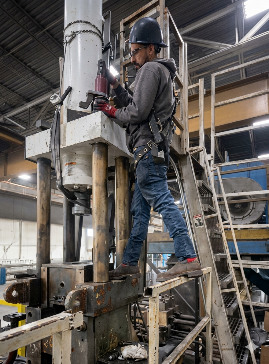 Operator on hydraulic press platform