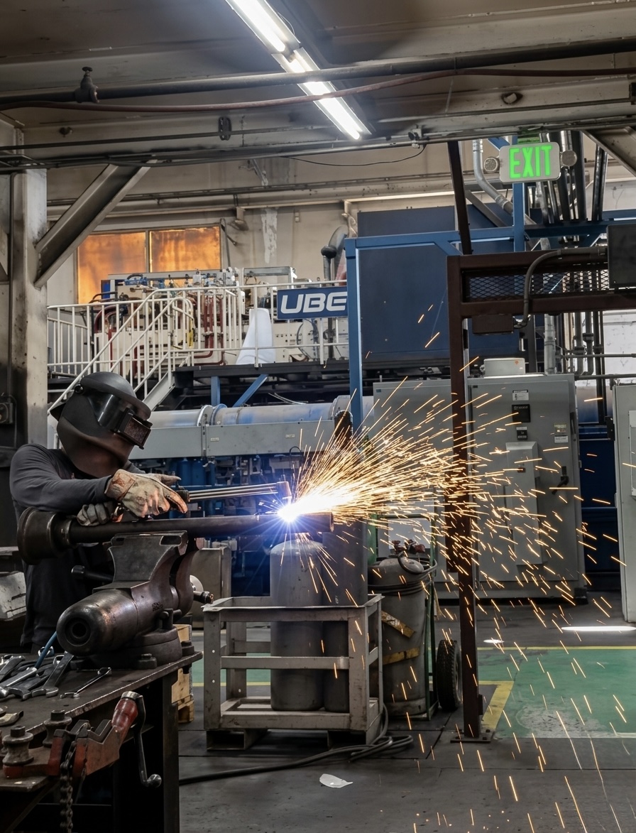 Welder cutting steel